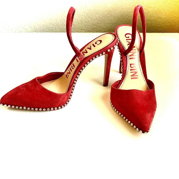 NWOT GIANNI BINI Kahleaa Cherry Red Suede Slingback Pumps Rhinestone Trim 7 - Picture 3 of 7
